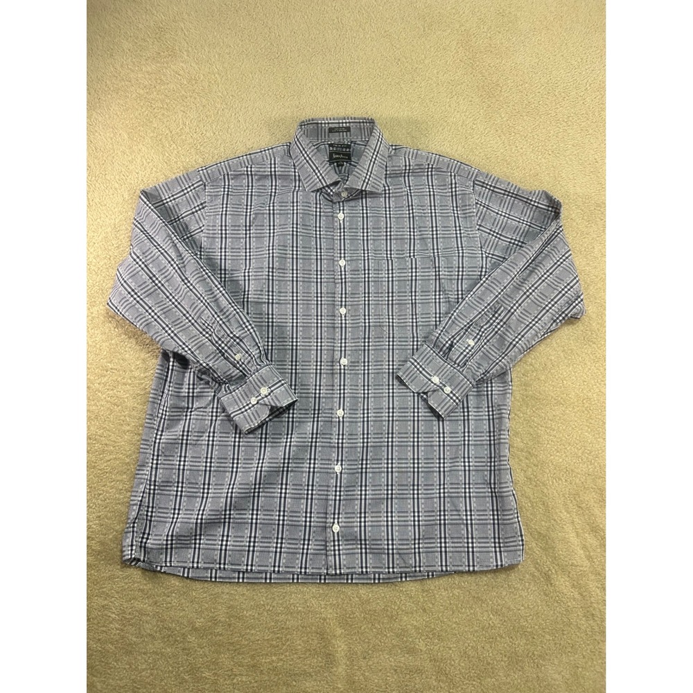 Vintage Neiman Marcus Trim Fit Plaid Dress Shirt 17.5 34/35 Blue White Hong Kong